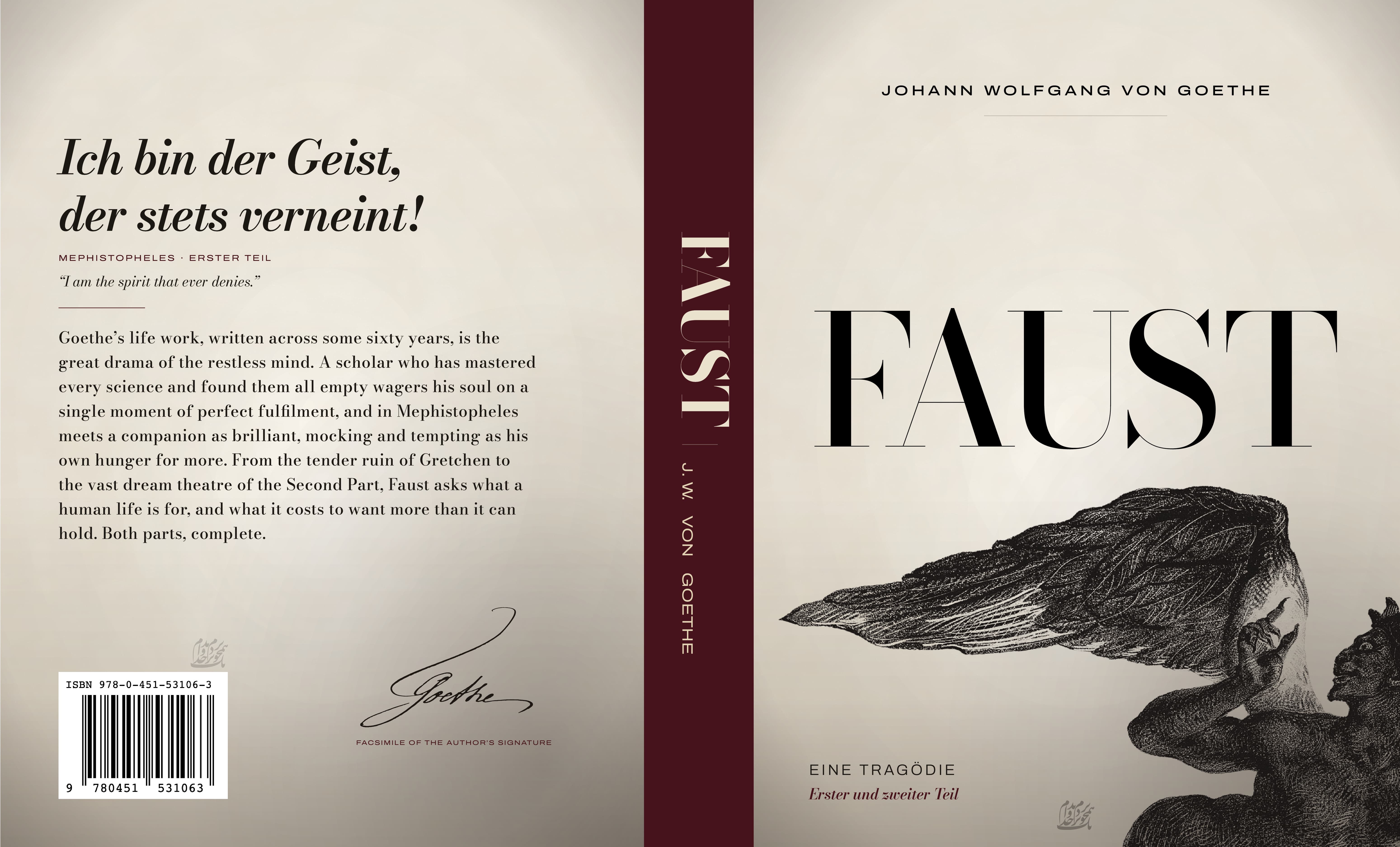 Faust, full cover: pale wrap with an accent spine and an oversized title above a dark hatched figure.