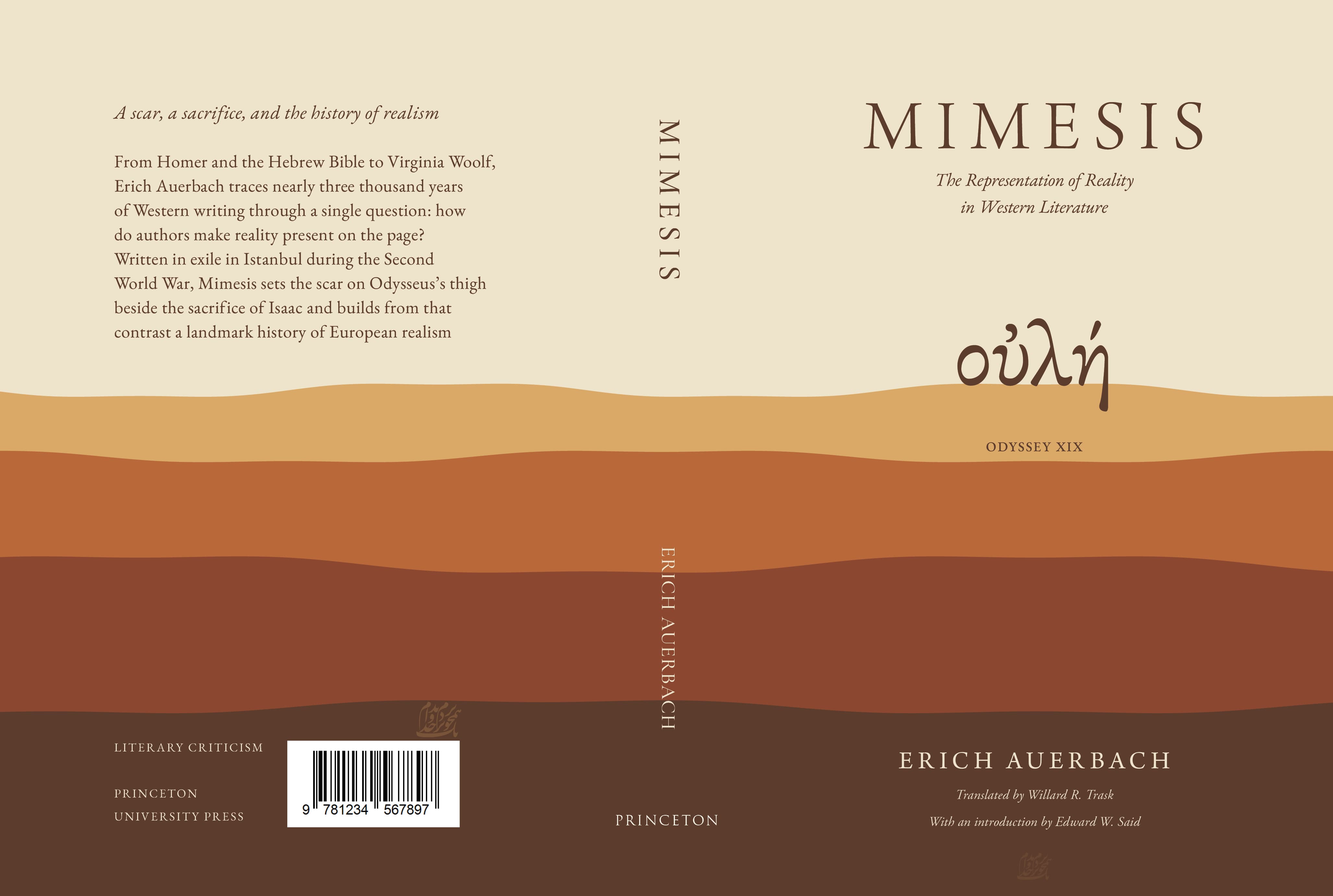 Mimesis, full cover: cream wrap with layered earth-tone bands and a Greek word marker.