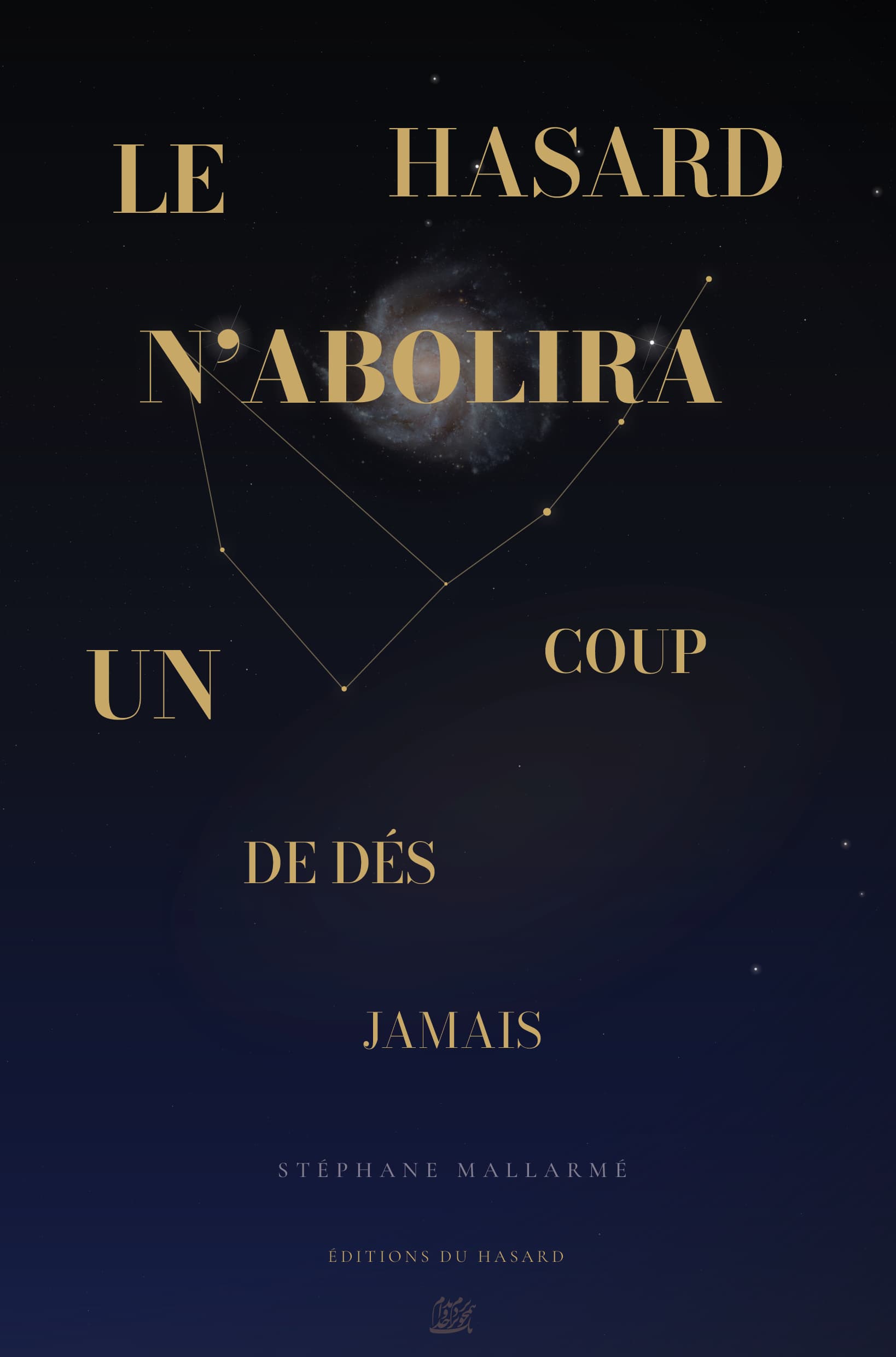 Un coup de dés cover: navy starfield with scattered gold title words and thin constellation lines.